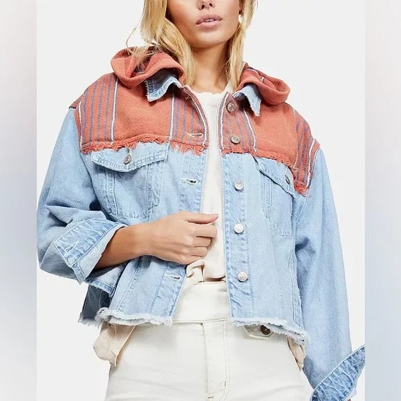 Free People Oversized Baja Mixed-Media Hooded Denim Jacket - Size Small - Picture 2 of 13